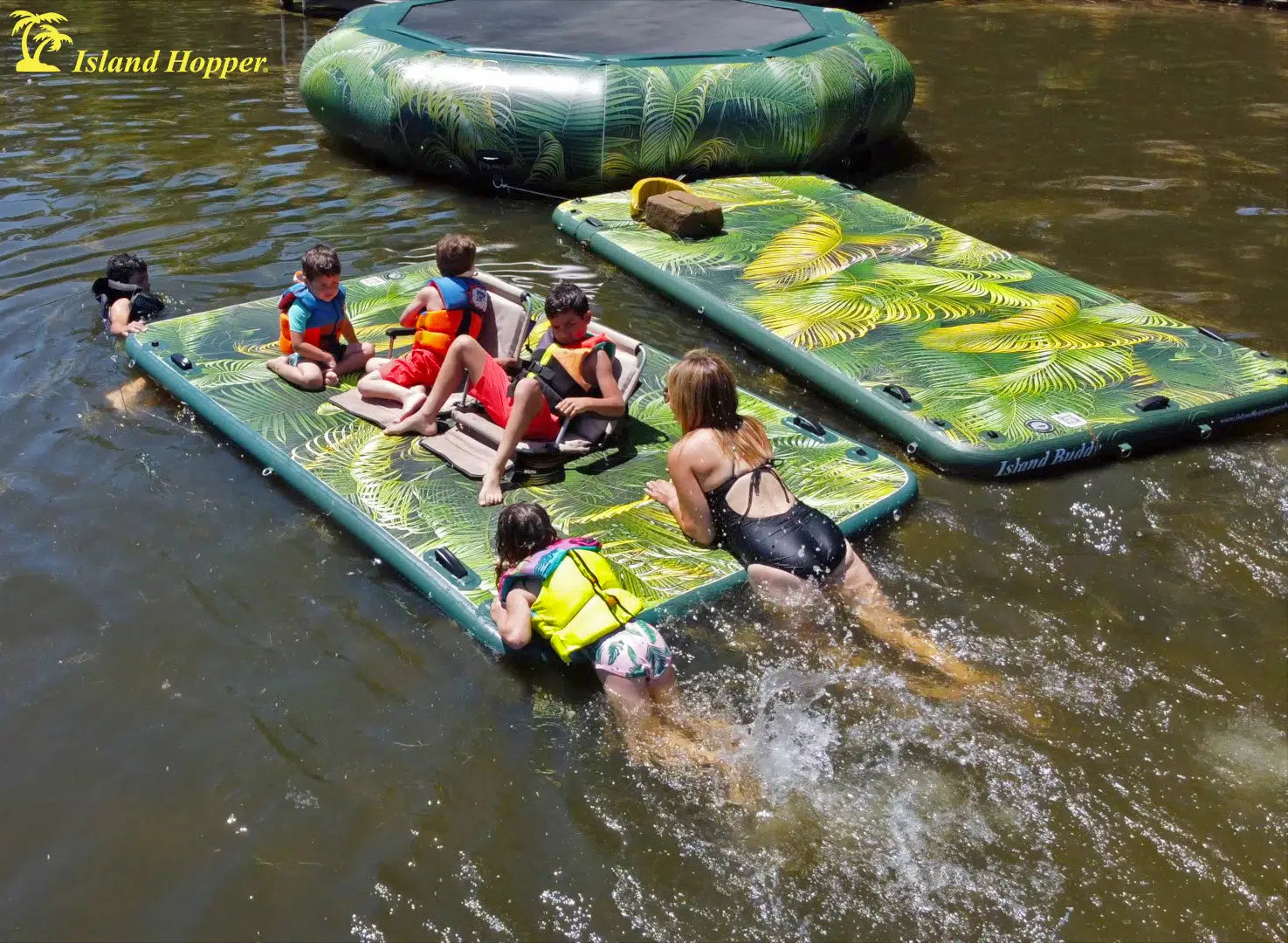 Island Hopper 10′ Lakeside Tropical Graphic Series Inflatable Floating Dock and Bouncer Slide