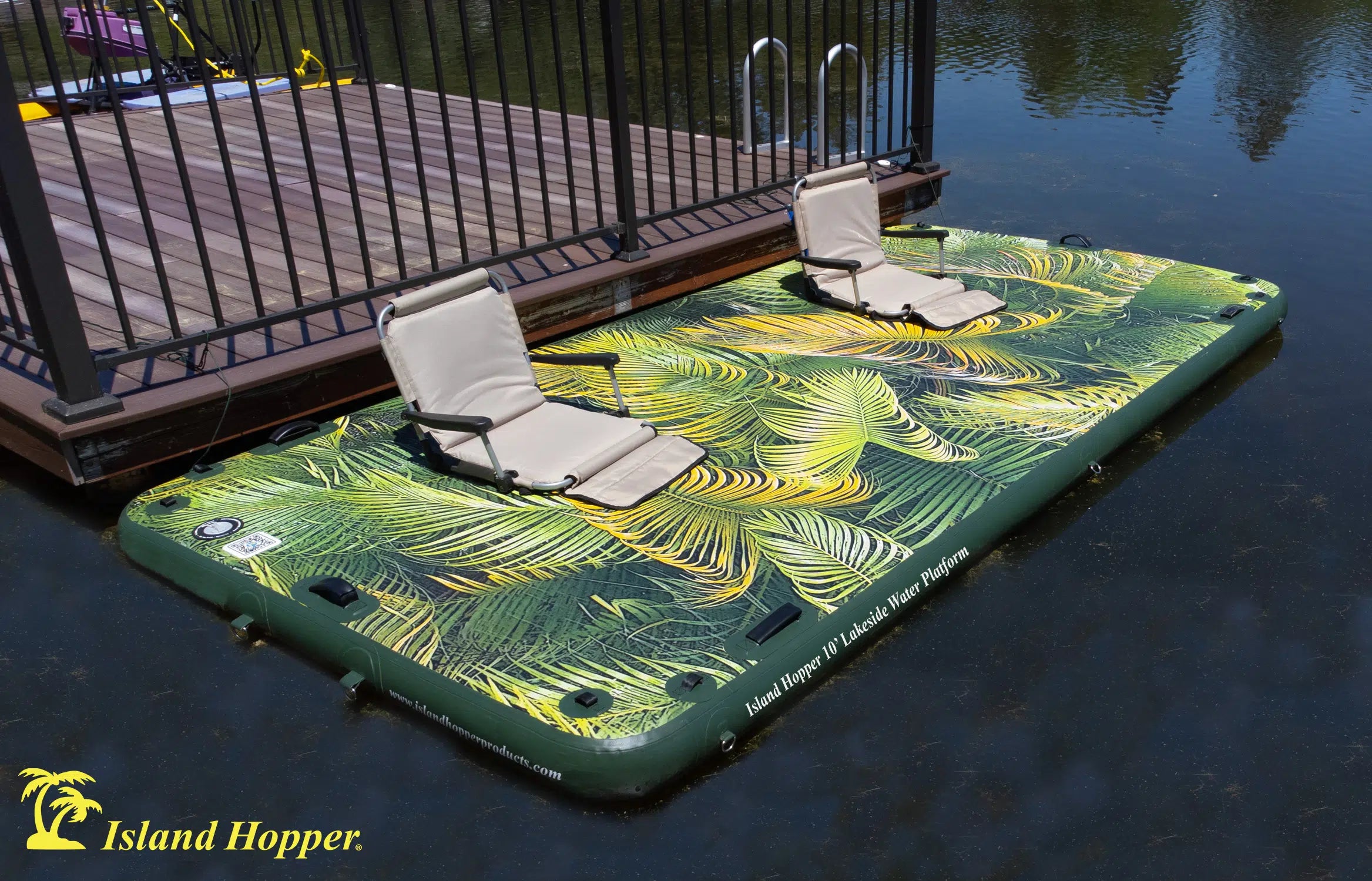Island Hopper 10′ Lakeside Tropical Graphic Series Inflatable Floating Dock and Bouncer Slide